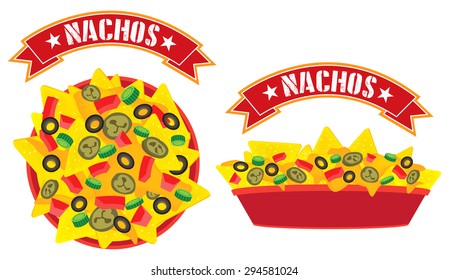 Supreme cheese mexican nachos plate with banner high angle view and side view illustration vector
