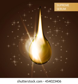 Supreme collagen gold oil drop shining essence. Collagen Serum Beauty Concept Skin Care Cosmetic. Serum essence gold drop. Vector illustration. Collagen hyaluronic droplet moisture formula treatment