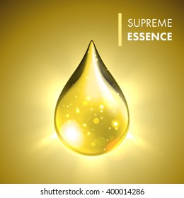 Supreme Collagen Oil Drop Essence. Premium Gold Shining Serum Droplet. Vector Illustration