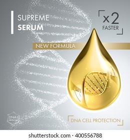 Supreme Collagen Oil Drop Essence With DNA Helix. Premium Shining Serum Droplet. Vector Illustration Of Collagen Drop. Cosmetics Solution 