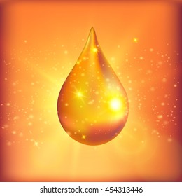 Supreme collagen oil drop with specks of light on surface on yellow orange spotty background vector illustration