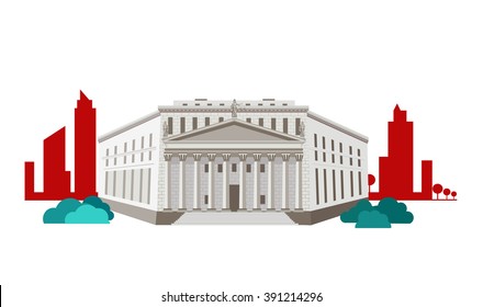 Supreme Court Concept Icon Flat Design. Justice And Law, Legal Decision, Legislation Equality, Building Government, Courthouse And Equilibrium, Facade And Authority House With Column Illustration