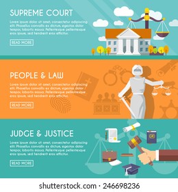 Supreme court judge and blindfolded justice with sword and scales people law flat horizontal banners vector illustration