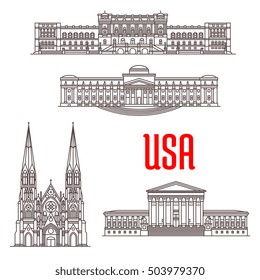 Supreme Court, Library of Congress, Brooklyn Museum and St Patrick Cathedral thin line icons. Famous architecture landmarks of USA. Vector icons of buildings for souvenirs, travel map guide elements