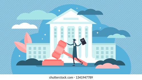 Supreme Court Vector Illustration. Flat Tiny Judge Building Persons Concept. Power, Justice And Federal Authority Symbol. Lawyer Profession Knowledge Study And Graduation. Crime Courthouse Advocate.