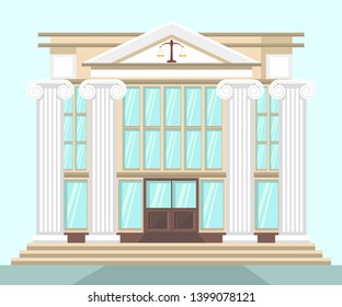 Supreme Courthouse Building Flat Illustration. Cartoon Vector United States Court Exterior, Facade. Law and Justice, Order and Punishment Symbol. Lawyer School, University Department