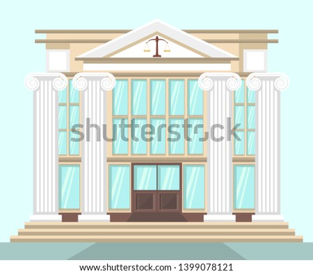 Supreme Courthouse Building Flat Illustration. Cartoon Vector United States Court Exterior, Facade. Law and Justice, Order and Punishment Symbol. Lawyer School, University Department