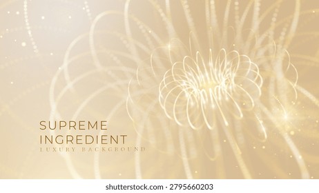 Supreme Ingredient Background, Abstract Luxury Gold Particle Swirl, Premium Cosmetic Presentation Concept. Glowing Skincare Essence Formula, Pure Magic Light Dot Curve, Vector Illustration.