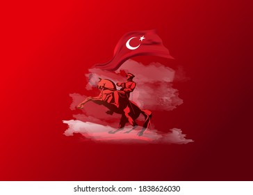 Supreme Atatürk on the prancing horse and the Turkish flag behind him. Vector illustration