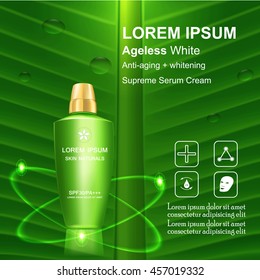 Supreme Serum cream and Vitamin Beauty Concept Skin Care Cosmetic.Background Vector Concept on green banana leave , serum anti aging whitening and ageless white for skin naturals