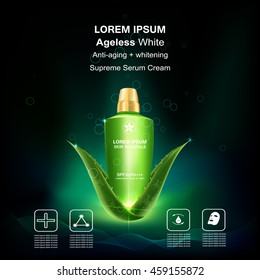 Supreme serum cream and Vitamin Beauty Concept Skin Care Cosmetic.Background Vector Concept on green aloe vera  leave , serum anti aging whitening and ageless white for skin naturals