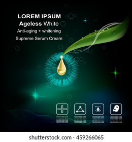 Supreme serum cream and Vitamin Beauty Concept Skin Care Cosmetic.Background Vector Concept with green aloe vera  leave , serum anti aging whitening and ageless white for skin naturals