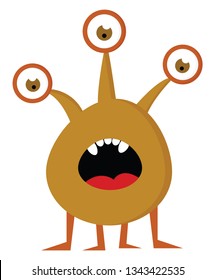 Suprised brown monster with three eyes and four legs vector illustration on white background 