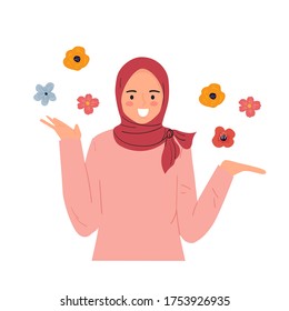 suprised, excited young woman. Happy female wear hijab. trendy modern hand drawn illustration.