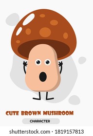 Suprised Mushroom Character With Up Hands And Open Mouth. Cartoon Smooth Hero For Banner Or Emoji.