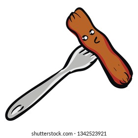 Suprissed brown sausage on a silver fork vector illustration on white background 