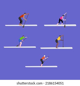 Supsurfing. Men stand on a board and row with an oar in various positions. Vector flat illustration. Isolated image.