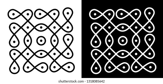 Suqare, circle shape curved Lines and 5X5 Dots - Indian Traditional and Cultural Rangoli, Alpona, Kolam or Paisley vector line art with dark and white background