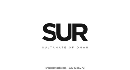 Sur in the Oman emblem for print and web. Design features geometric style, vector illustration with bold typography in modern font. Graphic slogan lettering isolated on white background.