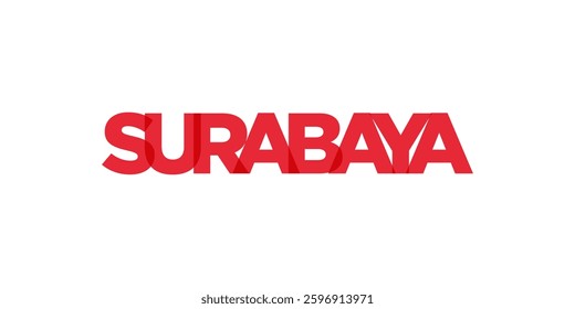 Surabaya in the Indonesia emblem. The design features a geometric style, vector illustration with bold typography in a modern font. The graphic slogan lettering.