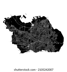 Surabaya, Indonesia, high resolution vector map with city boundaries, and editable paths. The city map was drawn with white areas and lines for main roads, side roads and watercourses on a black