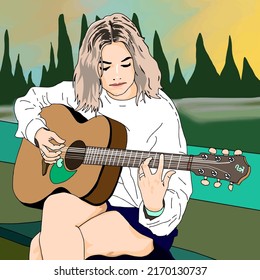 Surabaya, Indonesia - June 22 2022: Illustration Of Astrid S Playing An Acoustic Guitar