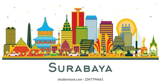 Surabaya Indonesia Skyline with Color Buildings isolated on white. Vector Illustration. Business Travel and Tourism Concept with Modern Architecture. Surabaya Cityscape with Landmarks.