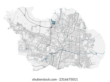 Mapa de Surabaya. Mapa detallado del área administrativa de la ciudad de Surabaya. Panorama del paisaje urbano. Hoja de ruta con autopistas, ríos. Ilustración vectorial libre de regalías.