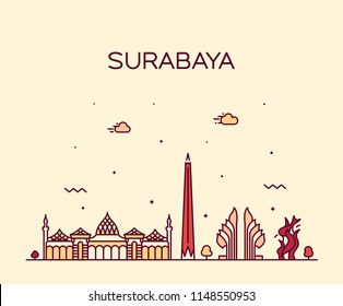 Surabaya skyline,  East Java, Indonesia. Trendy vector illustration, linear style
