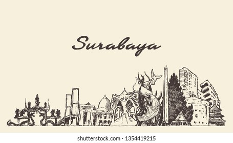 Surabaya skyline, East Java, Indonesia, hand drawn vector illustration, sketch