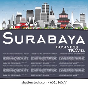 Surabaya Skyline with Gray Buildings, Blue Sky and Copy Space. Vector Illustration. Business Travel and Tourism Concept with Modern Architecture. Image for Presentation Banner Placard and Web Site.