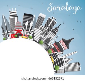 Surabaya Skyline with Gray Buildings, Blue Sky and Copy Space. Vector Illustration. Business Travel and Tourism Concept with Modern Architecture. Image for Presentation Banner Placard and Web Site.