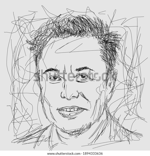Surakarta, Indonesia - January, 15th 2021:\
Elon Musk, Founder of the Boring Company, CEO SpaceX and Tesla,\
Rich man in the world. Scribble vector\
design