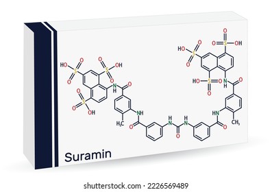 Molécula de la medicina de Suramina. Se utiliza para tratar la enfermedad del sueño africana y la ceguera de los ríos. Fórmula química esquelética. Empaquetado de papel para medicamentos. Ilustración del vector