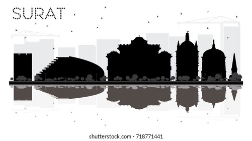 Surat City skyline black and white silhouette with reflections. Vector illustration. Simple flat concept for tourism presentation, banner, placard or web site. Cityscape with landmarks