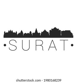 Surat, Gujarat, India City Skyline. Silhouette Illustration Clip Art. Travel Design Vector Landmark Famous Monuments.