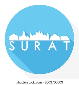 Surat, Gujarat, India Round Button City Skyline Design. Silhouette Stamp Vector Travel Tourism.