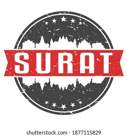 Surat, Gujarat, India Round Travel Stamp. Icon Skyline City Design. Seal Tourism Vector Badge Illustration.