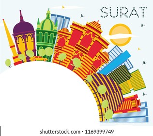 Surat India City Skyline with Color Buildings, Blue Sky and Copy Space. Vector Illustration. Business Travel and Tourism Concept with Historic Buildings. Surat Cityscape with Landmarks.