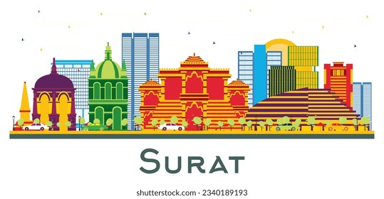 Surat India city Skyline con edificios de color aislados en blanco. Ilustración vectorial. Concepto de viajes de negocios y turismo con edificios históricos. Surta el paisaje urbano con puntos de referencia.