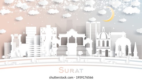 Surat India City Skyline in Paper Cut Style with Snowflakes, Moon and Neon Garland. Vector Illustration. New Year Concept. Surat Cityscape with Landmarks.