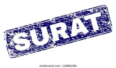 SURAT stamp seal print with distress style. Seal shape is a rounded rectangle with frame. Blue vector rubber print of SURAT tag with dirty style.