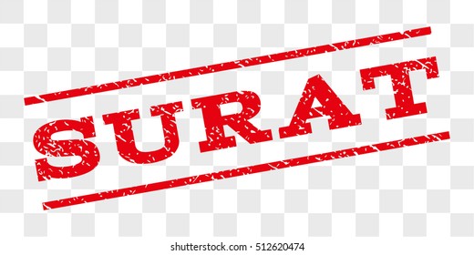 Surat watermark stamp. Text caption between parallel lines with grunge design style. Rubber seal stamp with unclean texture. Vector red color ink imprint on a chess transparent background.