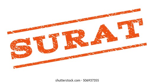 Surat watermark stamp. Text tag between parallel lines with grunge design style. Rubber seal stamp with scratched texture. Vector orange color ink imprint on a white background.