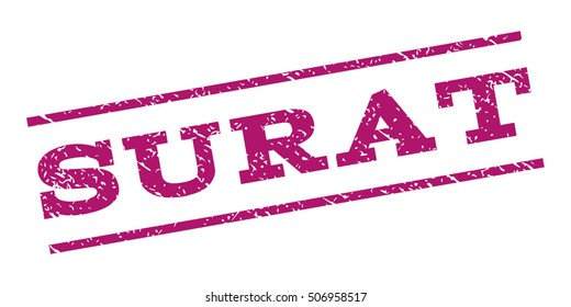 Surat watermark stamp. Text tag between parallel lines with grunge design style. Rubber seal stamp with dust texture. Vector purple color ink imprint on a white background.