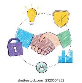 Sure! Here's a rewritten version:

"On a white background, there is a line art representation of two business professionals shaking hands. Surrounding their hands are icons symbolizing security, growt