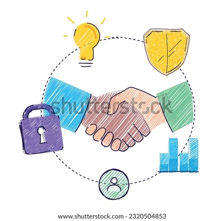 Sure! Here's a rewritten version:

"On a white background, there is a line art representation of two business professionals shaking hands. Surrounding their hands are icons symbolizing security, growt