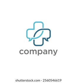 Sure! Here's a short description in English: "The image shows a logo featuring a blue gradient medical cross with two speech bubbles and a leaf in the center