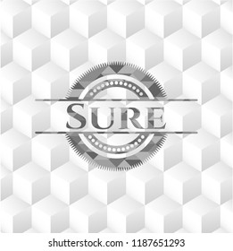 Sure realistic grey emblem with cube white background