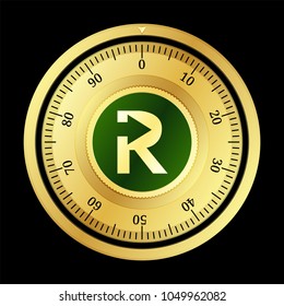 SureRemit (RMT) cryptocurrency safe lock. Eps10 vector illustration isolated on black background.
